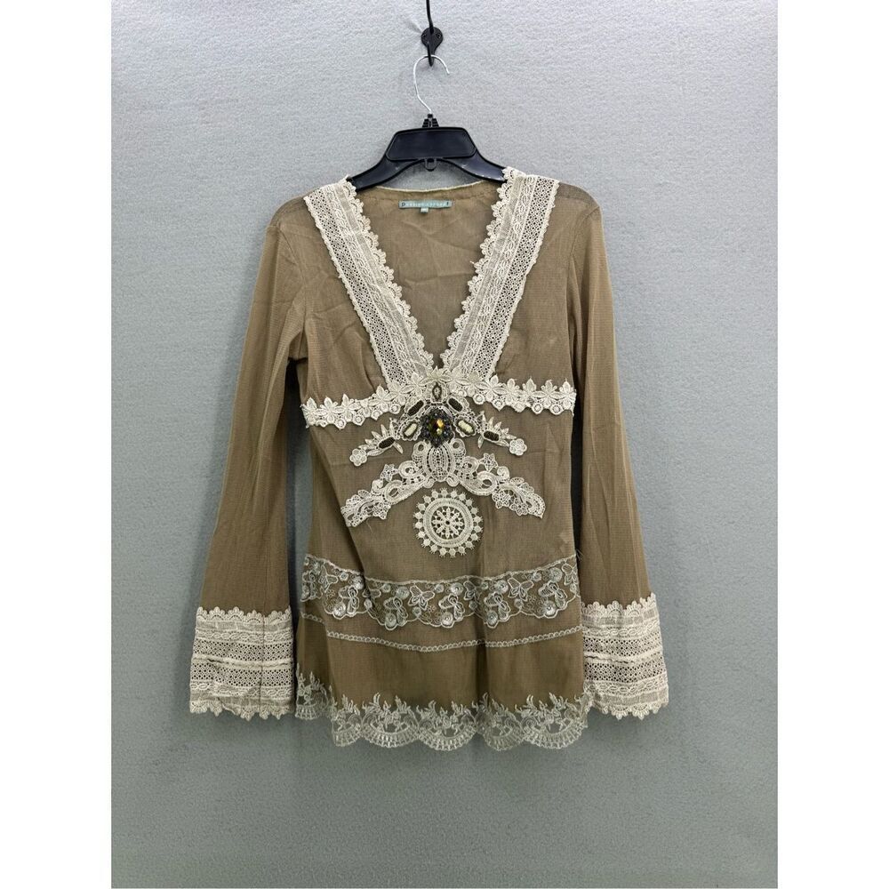 Passion Concept Womens Tan White Lace Beaded Sheer Y2K Tunic Top Size Medium